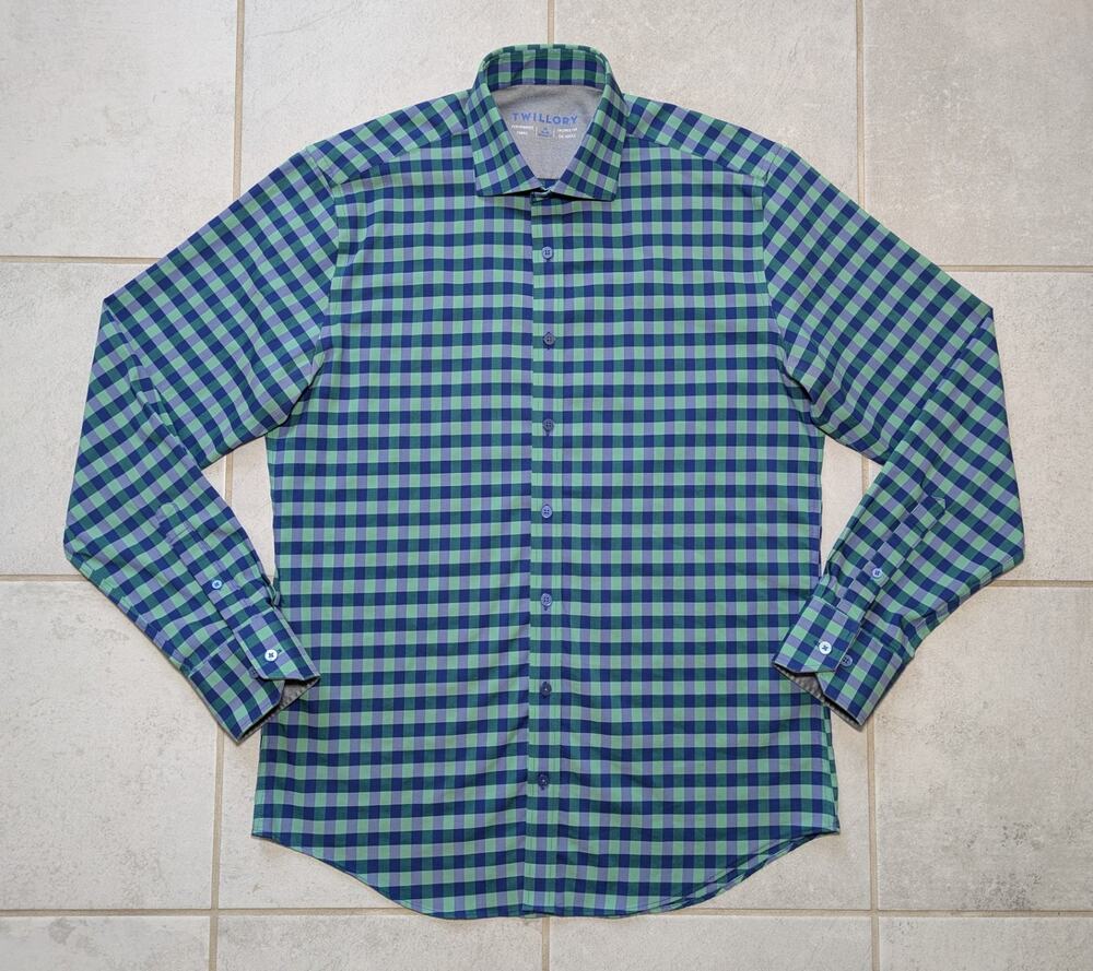 Twillory Men's 16 34-35 Performance Button Up Tailored Fit Green Blue Check
